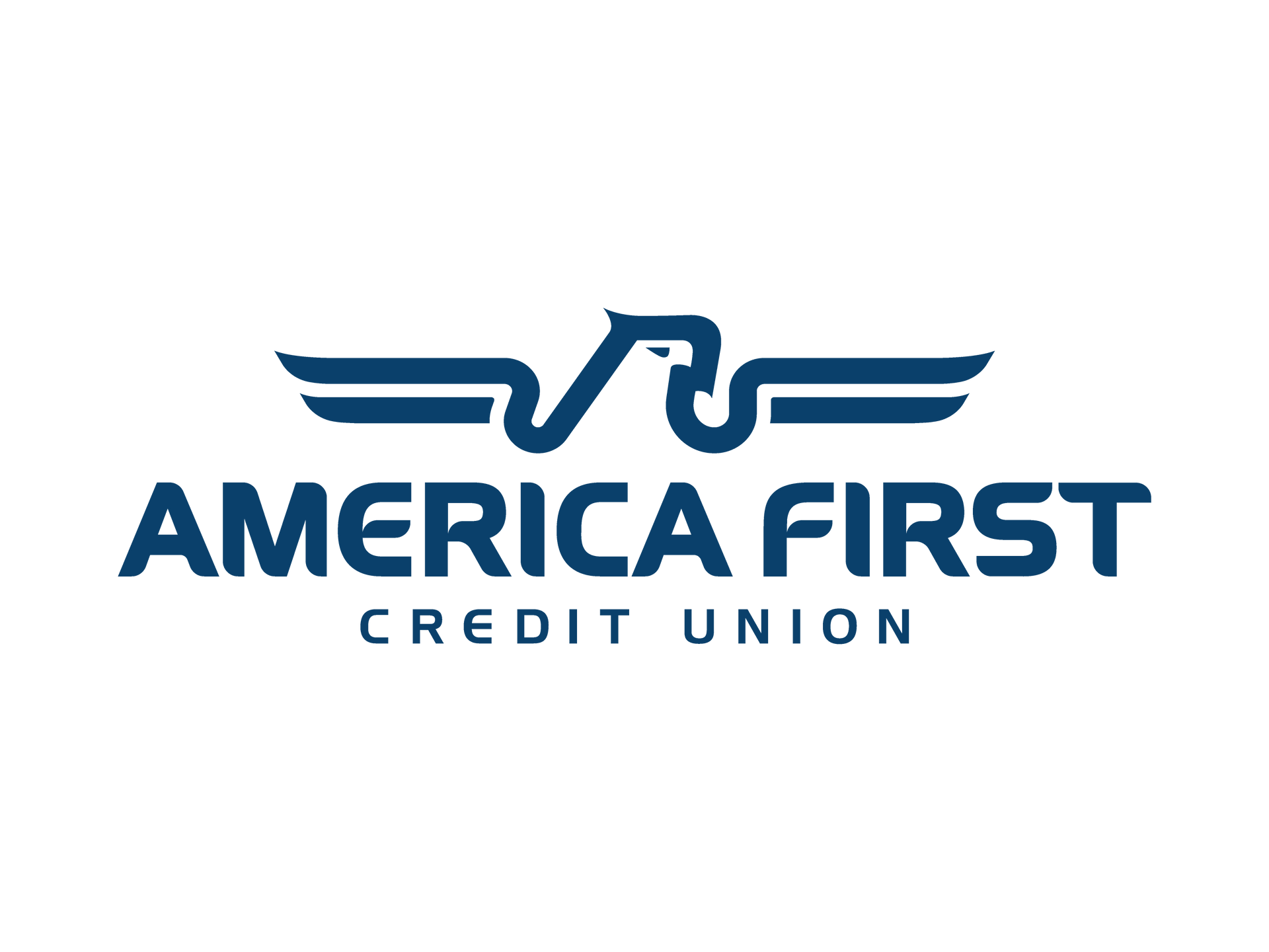 The america first credit union logo is blue and has a bird on it.