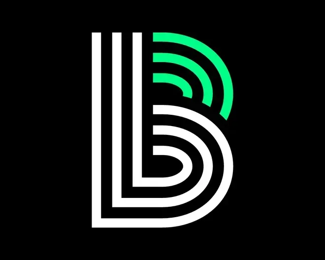 A black and white letter b with green stripes on a black background.