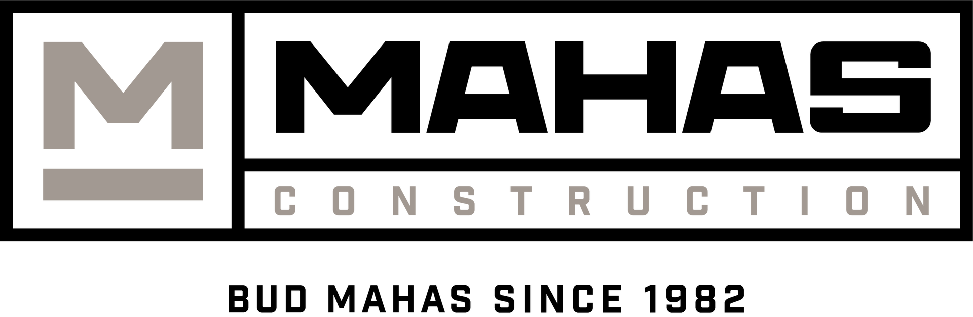 The logo for mahas construction is black and white and says bud mahas since 1982.