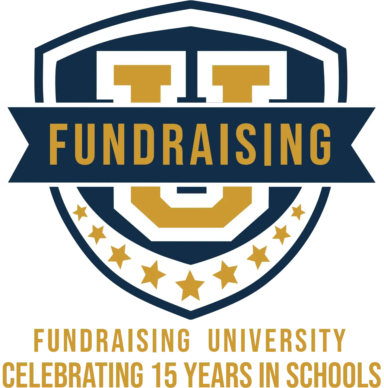 A logo for fundraising university celebrating 15 years in schools