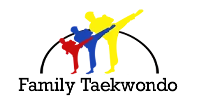 The logo for family taekwondo shows two people kicking each other