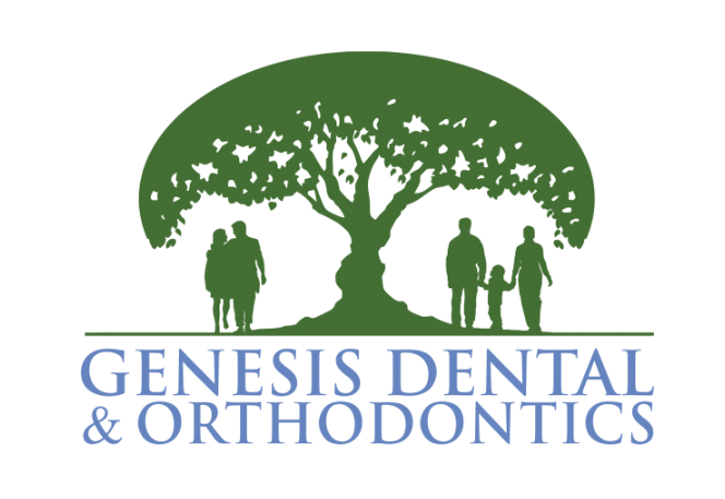 The logo for genesis dental and orthodontics shows a family standing under a tree