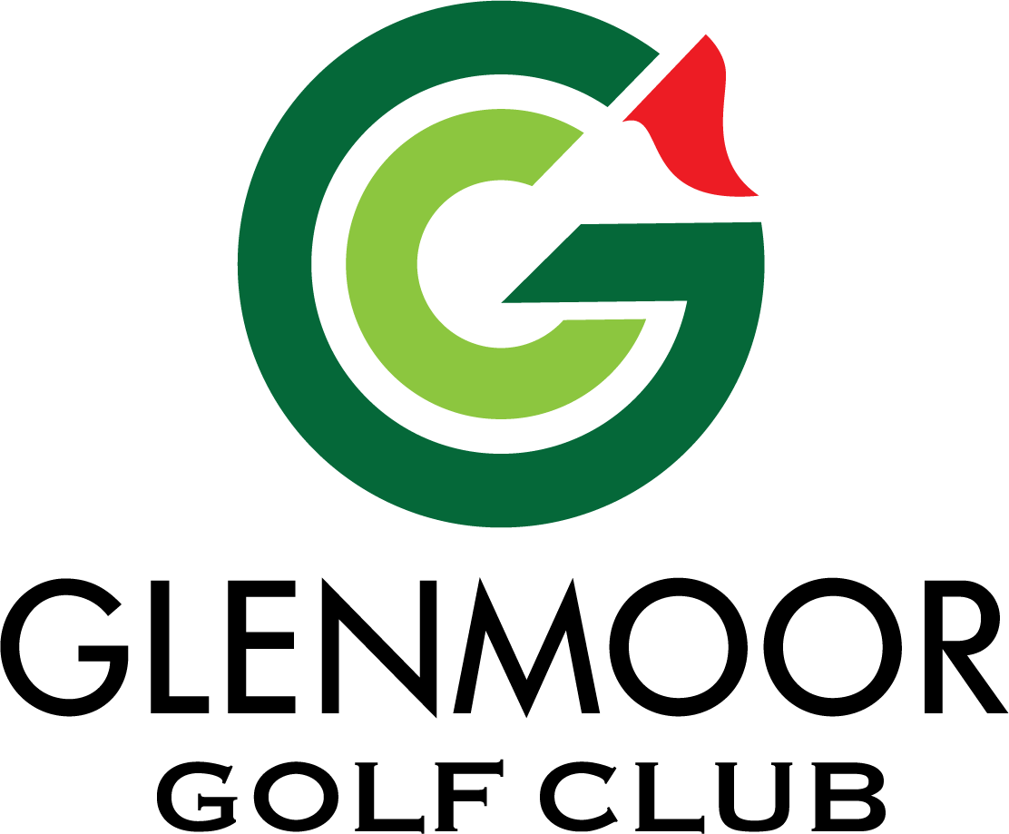 The logo for glenmoor golf club has a green g and a red golf club.