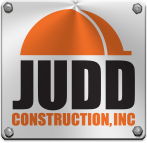 A logo for judd construction inc with a hard hat on it.