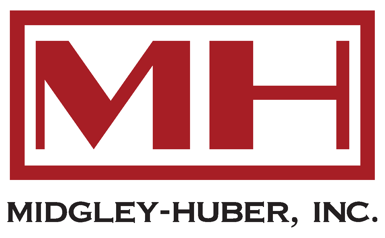A red and white logo for midgley huber inc.