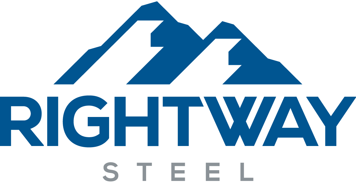 A logo for rightway steel with a mountain in the background.