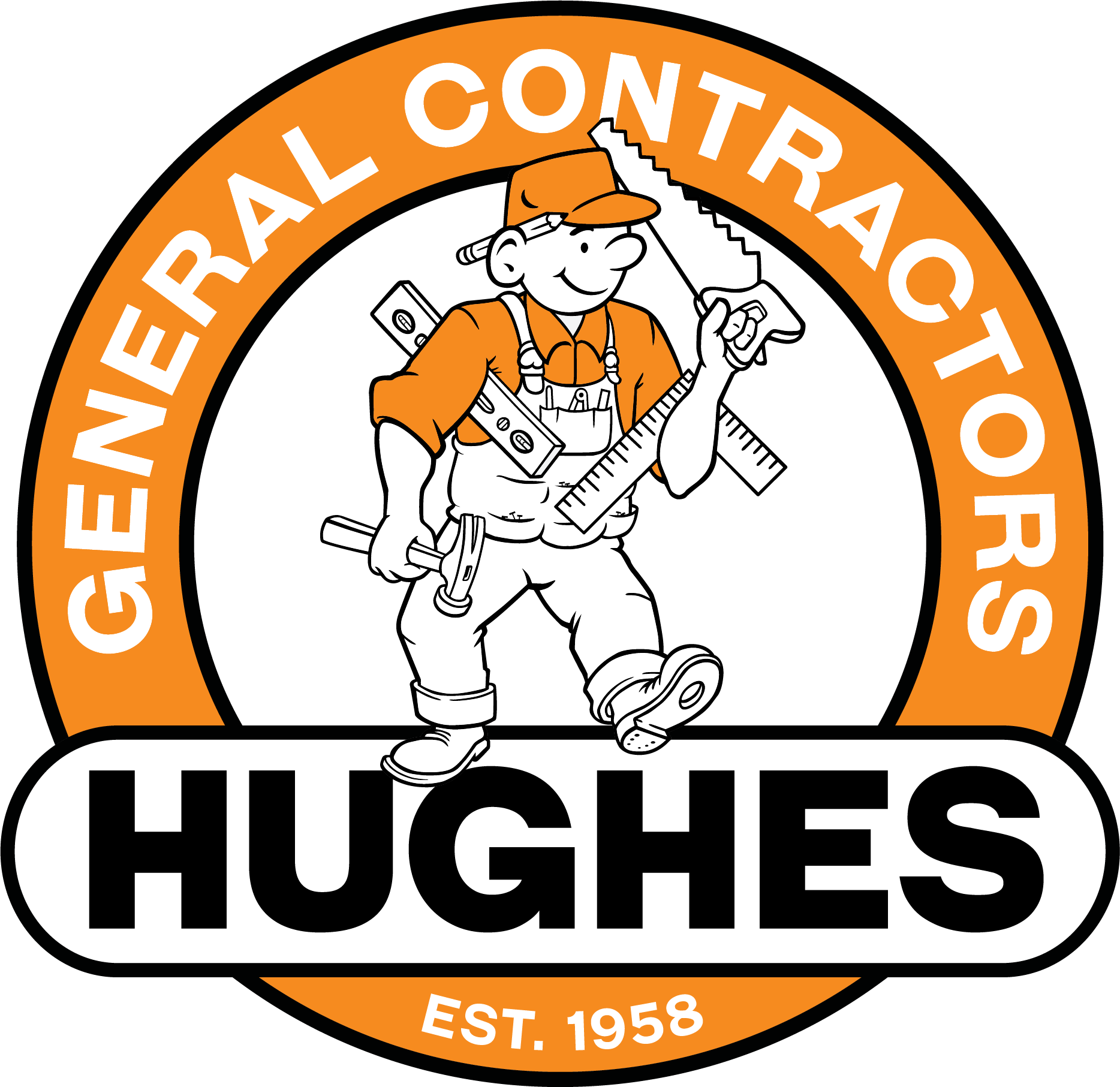 The logo for general contractors hughes shows a man holding a saw and a ruler.