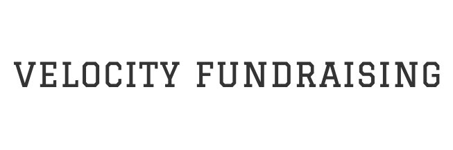 A black and white logo for velocity fundraising on a white background.