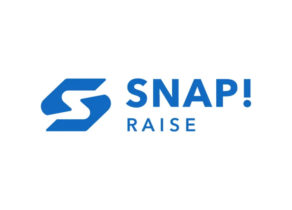 The snap raise logo is blue and white on a white background.
