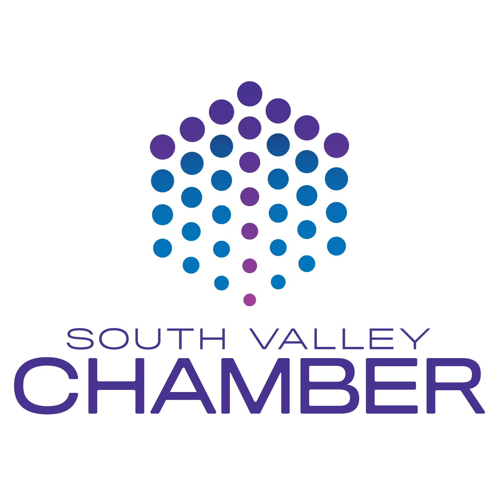 A logo for the south valley chamber with purple and blue dots