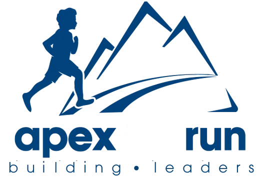 A blue apex run building leaders logo with a mountain in the background