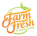 A logo for farm fresh fundraisers with an orange and green leaf.
