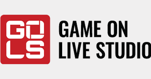 A red and white logo for game on live studio