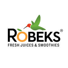 The logo for robeks fresh juices and smoothies has a hummingbird on it.