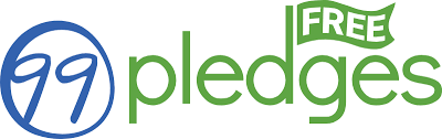 The logo for 99 pledge is blue and green and says `` free pledge ''.