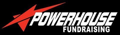 A powerhouse fundraising logo with a red arrow on a black background.