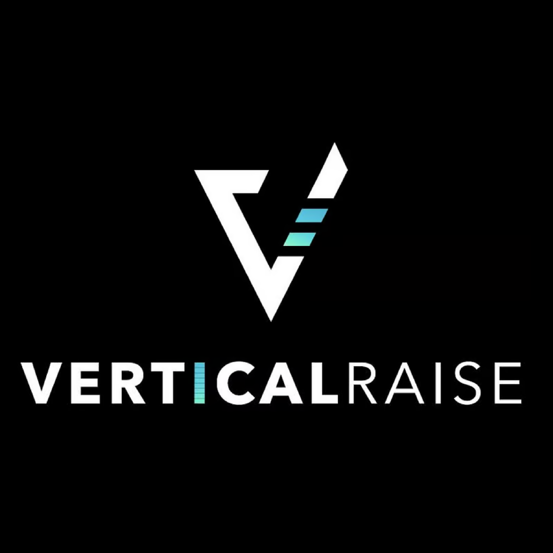 A logo for vertical raise with a v on a black background.