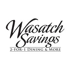 A black and white logo for wasatch savings 2 for 1 dining and more.