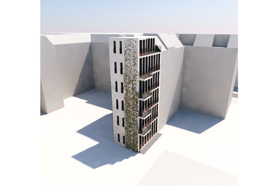 Ein 3D-Modell eines Gebäudes mit vielen Fenstern und Balkonen.