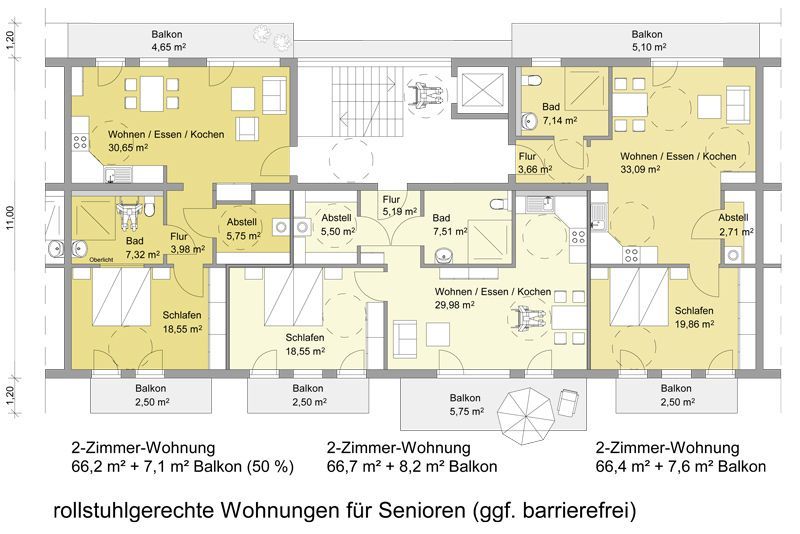 Ein Grundriss einer Reihenhauswohnung für Senioren