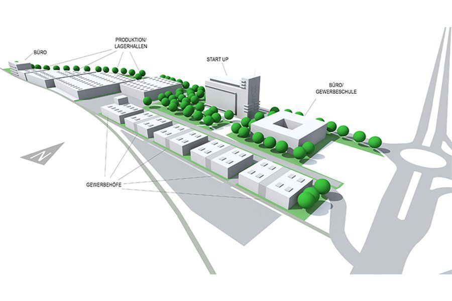 Eine Luftaufnahme einer Stadt mit vielen Gebäuden und Bäumen.