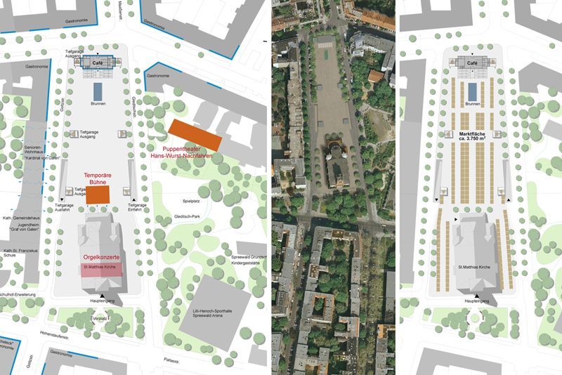 Eine Karte einer Stadt und eine Luftaufnahme eines Gebäudes.