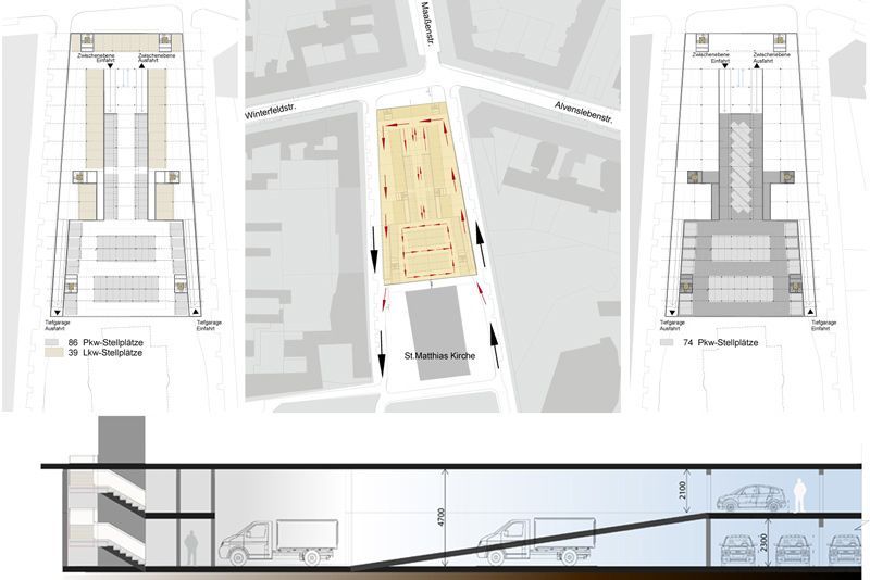 Drei Zeichnungen eines Gebäudes und eines Gebäudeschnitts