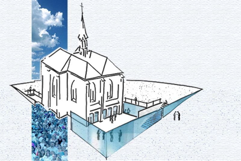 Eine Zeichnung eines Gebäudes mit einem blauen Himmel im Hintergrund