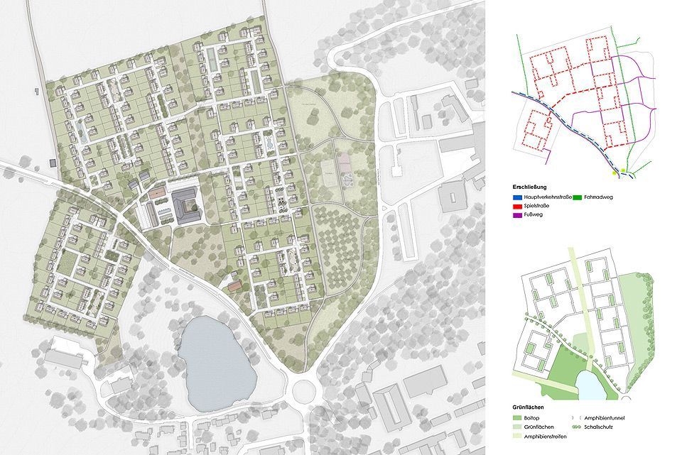 Eine schwarz-weiße Karte eines Wohngebiets mit einem See in der Mitte.