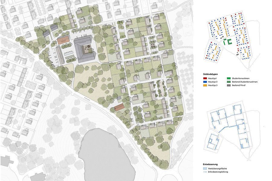 Eine Karte eines Wohngebiets mit vielen Bäumen und Gebäuden.