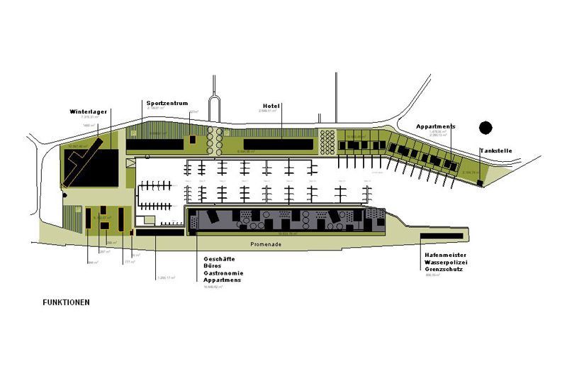 Eine Schwarzweißzeichnung eines Gebäudes mit vielen Gebäuden darauf.