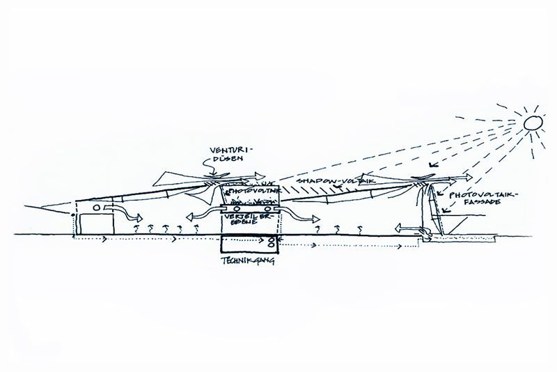 Eine Schwarzweißzeichnung eines Gebäudes, durch das die Sonne scheint.
