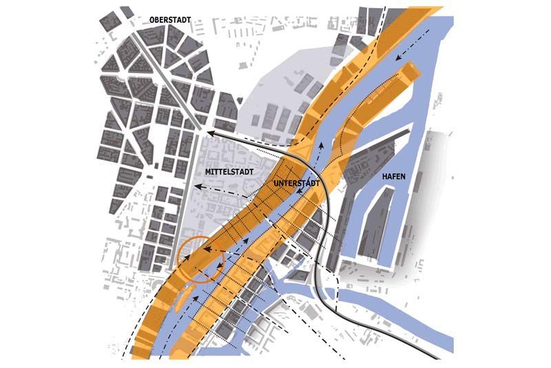 Eine Karte einer Stadt mit einem Fluss in der Mitte