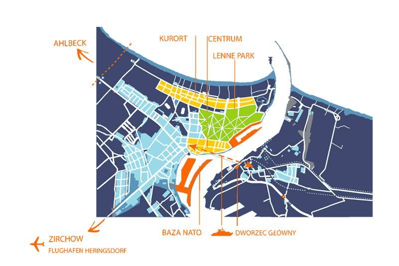 Eine blau-orange Karte einer Stadt mit dem Wort Centrum darauf
