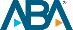 ABA logo with teal letters and two triangles, one blue and one orange.