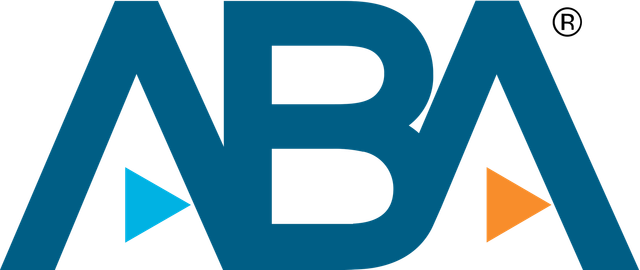 ABA logo with teal letters and two triangles, one blue and one orange.