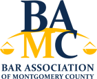 Logo for the Bar Association of Montgomery County. Navy and gold text and a scale of justice graphic.
