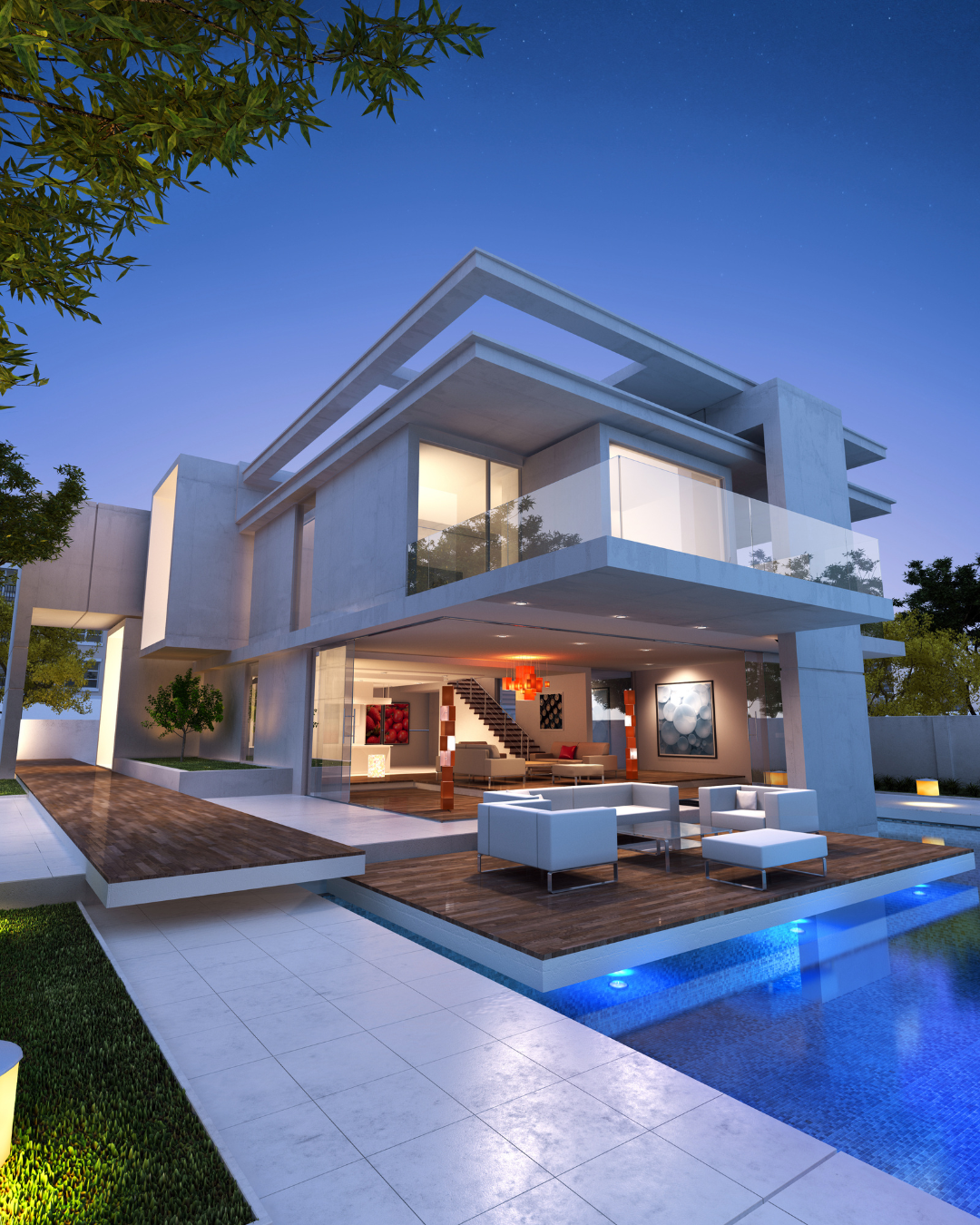 A modern house with a swimming pool in front of it