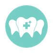 White teeth icon with a medical cross, turquoise circle background.
