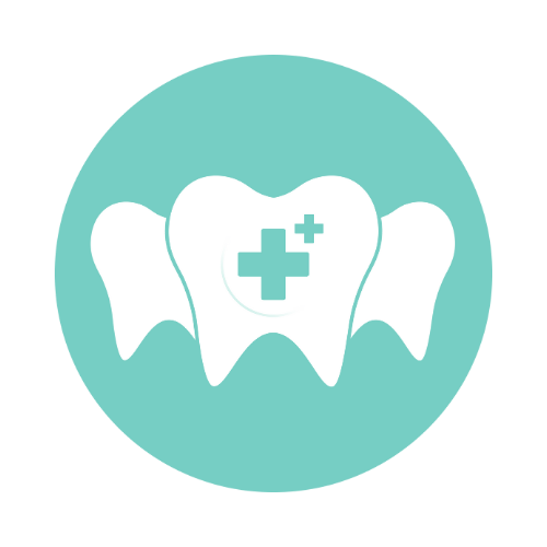 White teeth icon with a medical cross, turquoise circle background.