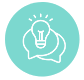 Lightbulb inside speech bubbles, teal circle, representing brainstorming ideas.