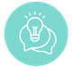 Lightbulb inside speech bubbles, teal circle, representing brainstorming ideas.