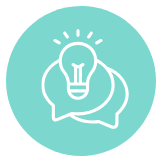 Light bulb above two speech bubbles, on a teal circle, representing ideas and discussion.