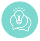 Light bulb above two speech bubbles, on a teal circle, representing ideas and discussion.