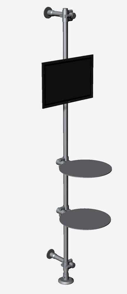 totem espositore a parete con ripiani e porta-monitor componibile per negozi e vetrine