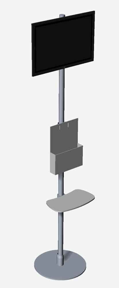 totem espositore con ripiano, tasca portadepliant e porta-monitor modulo componibile per negozi e vetrine