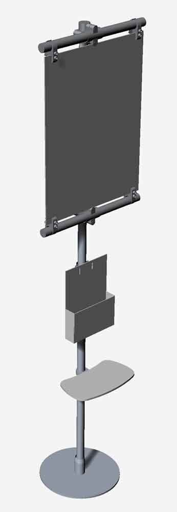 totem espositore con ripiano e tasca portadepliant componibile con supporto per grafica per negozi e vetrine