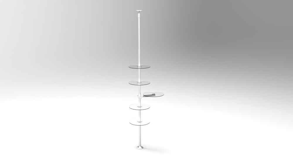 Espositore totem a soffitto con mensole componibili per negozi e vetrine