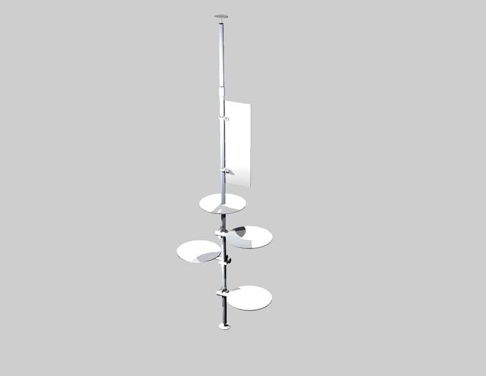 Espositore a soffitto con mensole e supporto grafica componibili per negozi e vetrine