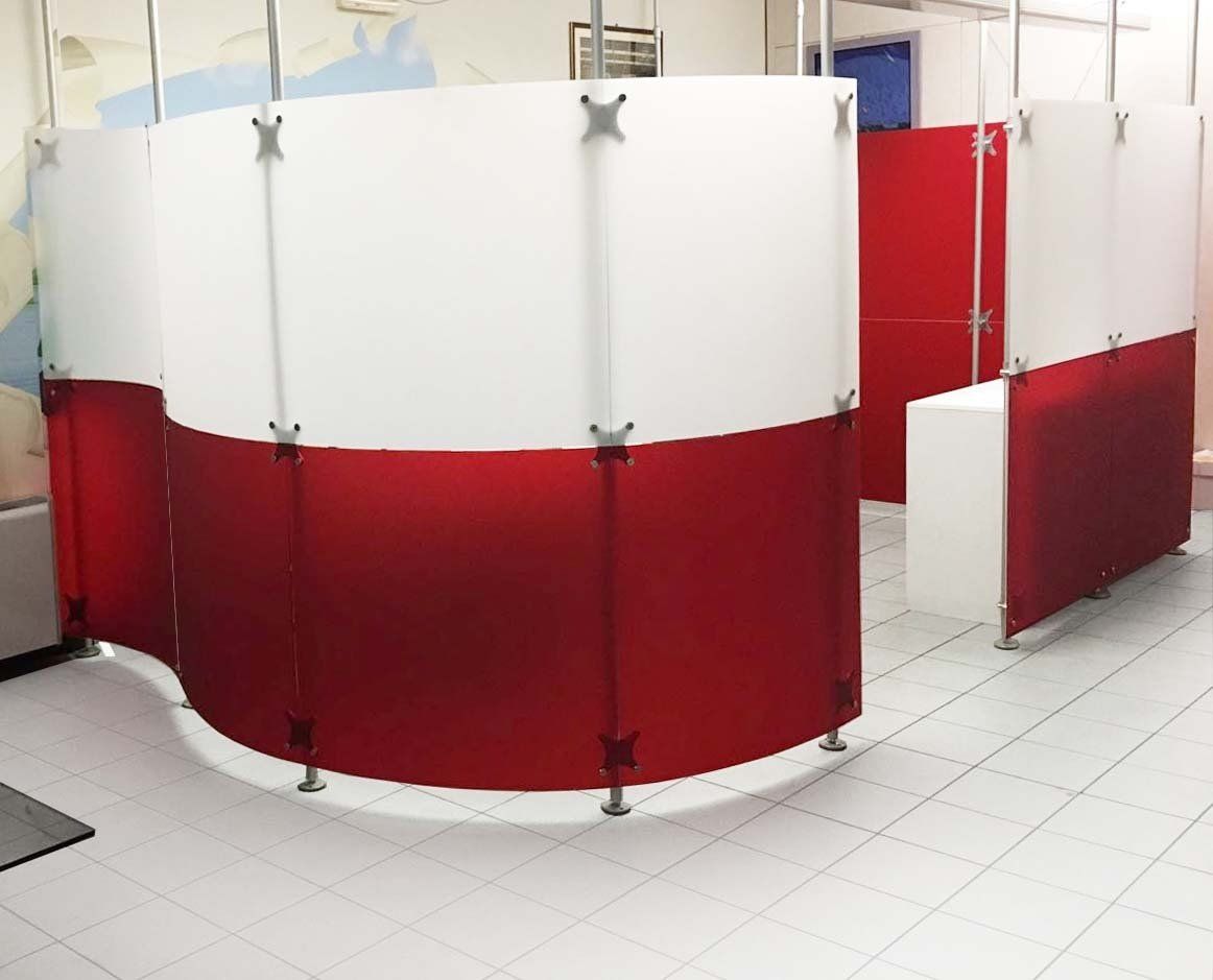 Movable partition wall, straight and curved composition in white and red